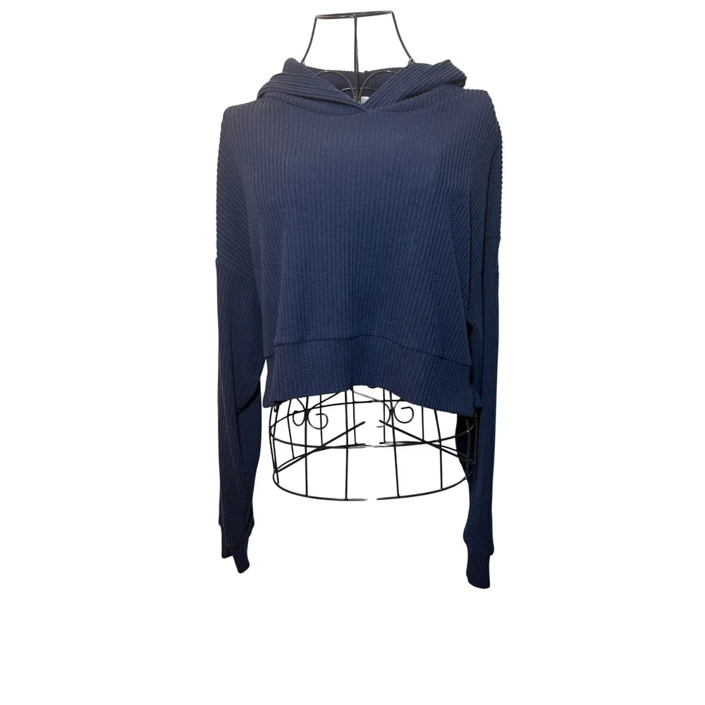 Alo Yoga Muse Hoodie Navy Blue Ribbed Cropped Pullover Sweatshirt Womens S